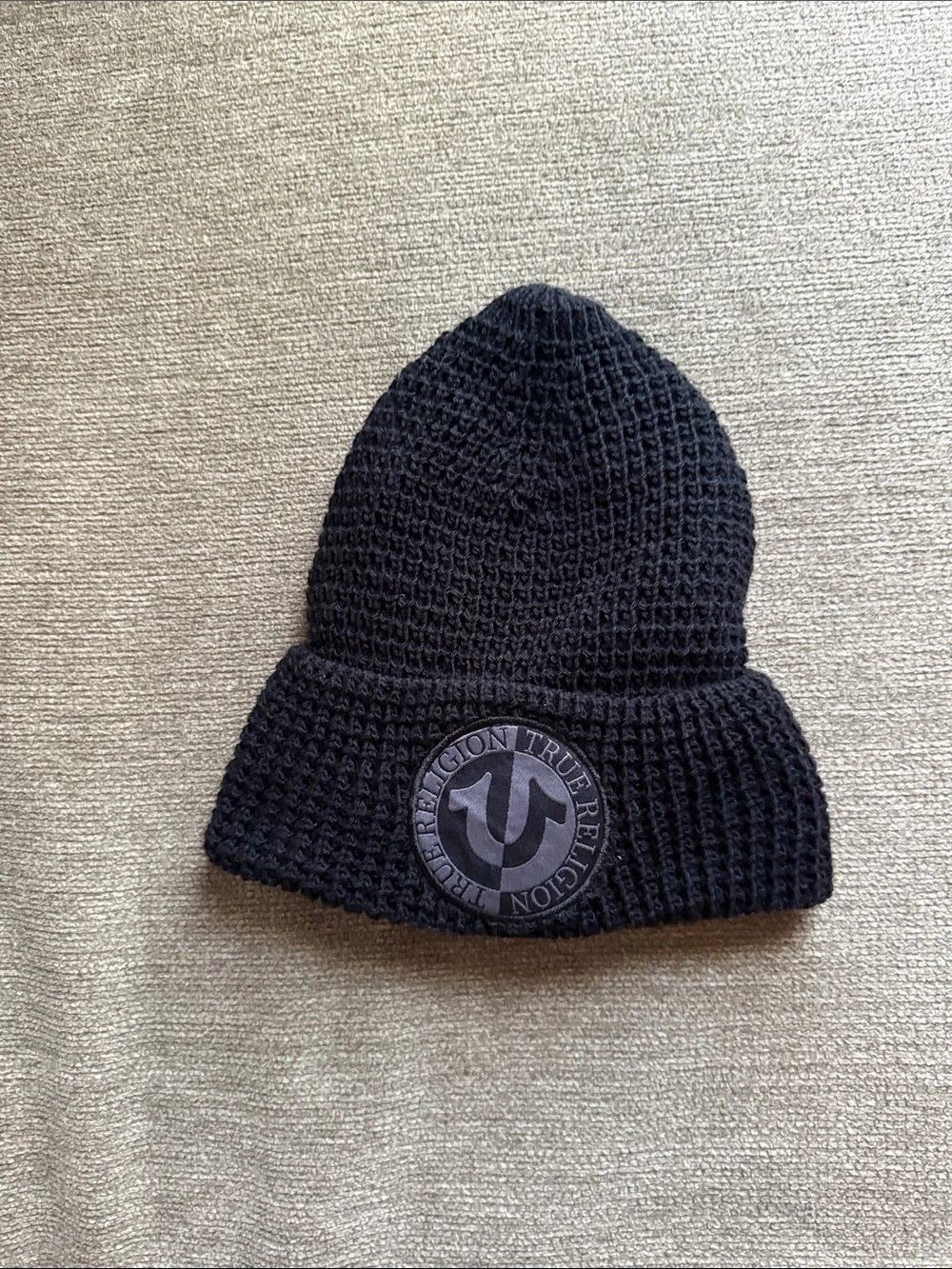 True Religion Black Waffle Knit Cuffed Beanie